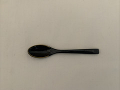 Black Gold Plastic Lacquerware Japan Demitasse 4 Coffee Cups & Saucers 3 Spoons
