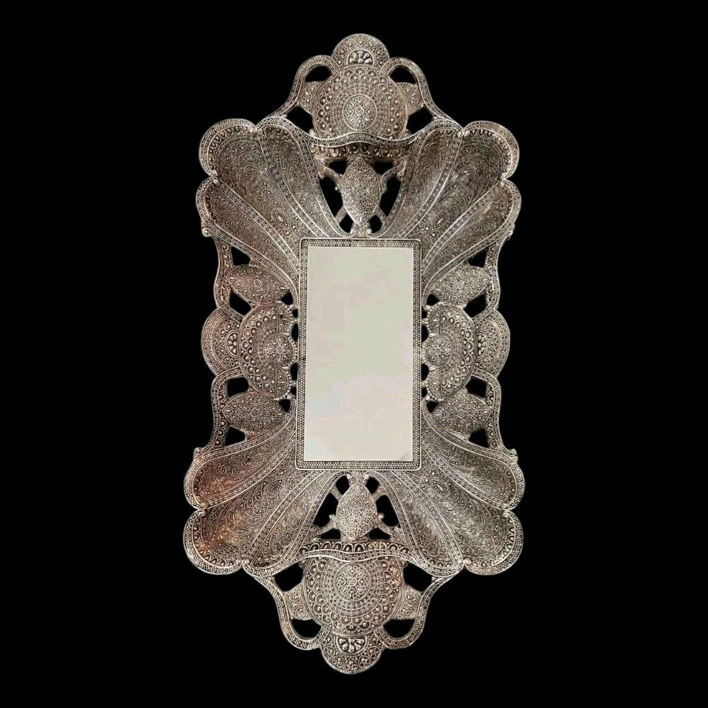Rare Persian Silver Filigree Rectangular Bowl Handcrafted Decorative 15″L EC