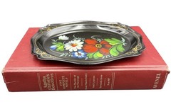 Vintage Hand Painted Floral Oval Trinket Dish Black Gold Folk Art Decor