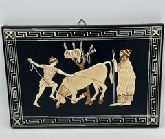 VTG Greek Pictures 2 Wooden Handpainted Black Cream 10 X 7 In Finites Greece