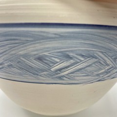 Signed Pottery Bowl Cream Stoneware w/ Blue Slip Woven Band In Coastal Style