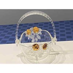 MIKASA GLASS BASKET PLASTIC REMOVABLE HANDLE GOLD ROSES W/FROSTED LEAVES 8″ LONG