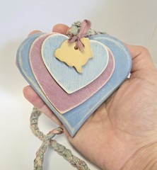 Cottagecore Blue Pink Wood Hearts Rabbit Hang Decor Braided Fabric Vtg Necklace