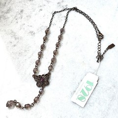 1928 Vintage Bronze Tone Purple Butterfly Pendant Station Necklace Boho Dainty