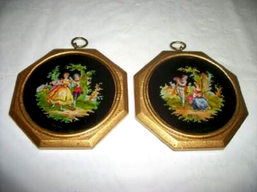 Antique French Miniature Reverse Painted Glass Plaques Romantic Couples 1930s Pr