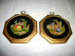 Antique French Miniature Reverse Painted Glass Plaques Romantic Couples 1930s Pr
