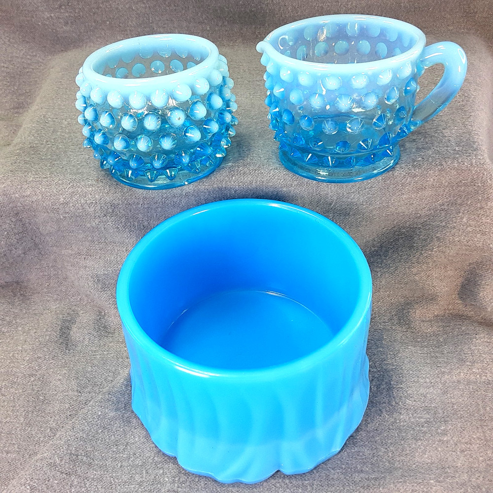 Fenton Hobnail Opalescent Cream Sugar + Akro Agate Blue Milkglass Vtg Lot Of 3