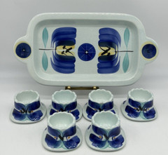 1972 NAKAO Ceramic Japan, Tray & 6 Egg Cups, Blue Flowers, M Sakaegi, Modernist