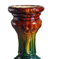 Majolica Ceramic Plant Stand Art Nouveau Pedestal Green Brown 12.5″x6.5″x6.5”