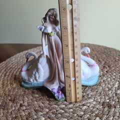 Vintage Art Nouveau Bisque Porcelain Woman with 2 Swans Planter Figurine / Read