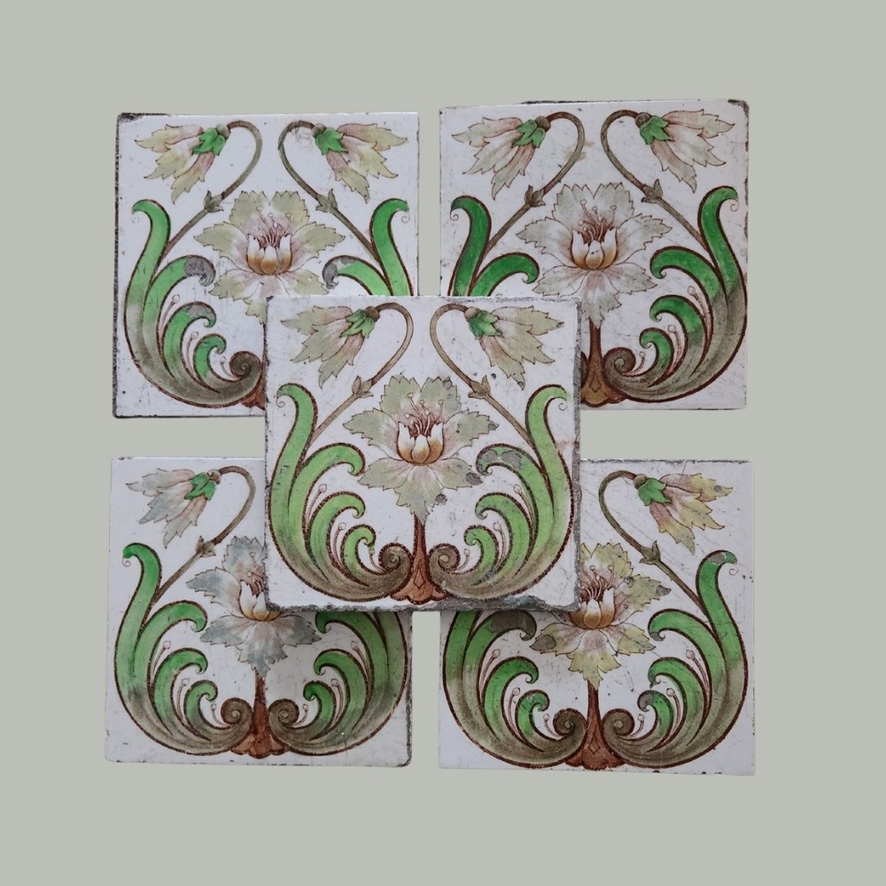Set of 5 Antique Art Nouveau Floral Tiles Henry Richards Tile Co. (HRT & Co)
