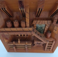 Vintage Hand Carved 3D Wood Tavern Saloon Scene Diorama Folk Art Wall Decor 7.5″