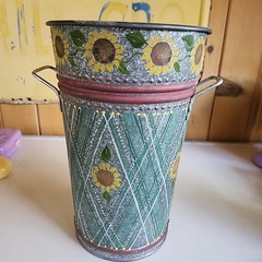 Hand Painted Folk Art Galvanized Metal Bucket Sunflowers Lattice Pattern