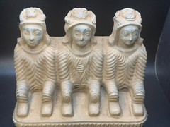 Rare Bactrian Sandstone Sculpture – Seated Trio – Ancient Central Asian Artifact