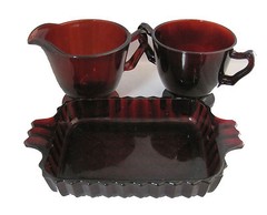 Ruby Cranberry Red Glass Sugar Creamer Tray Un-Matched Design