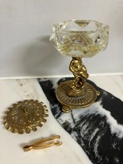 Miniature Dish Vintage Art Nouveau Deco Cut Crystal Glass, Brass & Tweezers 3.1″