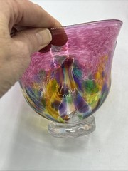2 Vtg Kitras Art Glass Hand Blown Bowl with Pedestal Decor Multi Colour Signed