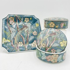 Vintage WBI Chinoiserie Partridge 3 Pc Set – Plate & 2 Trinket Bowls w/ Lids