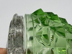 Vintage Green Uranium Glass Diamond Point Footed Dish w Clear Flower Frog Insert