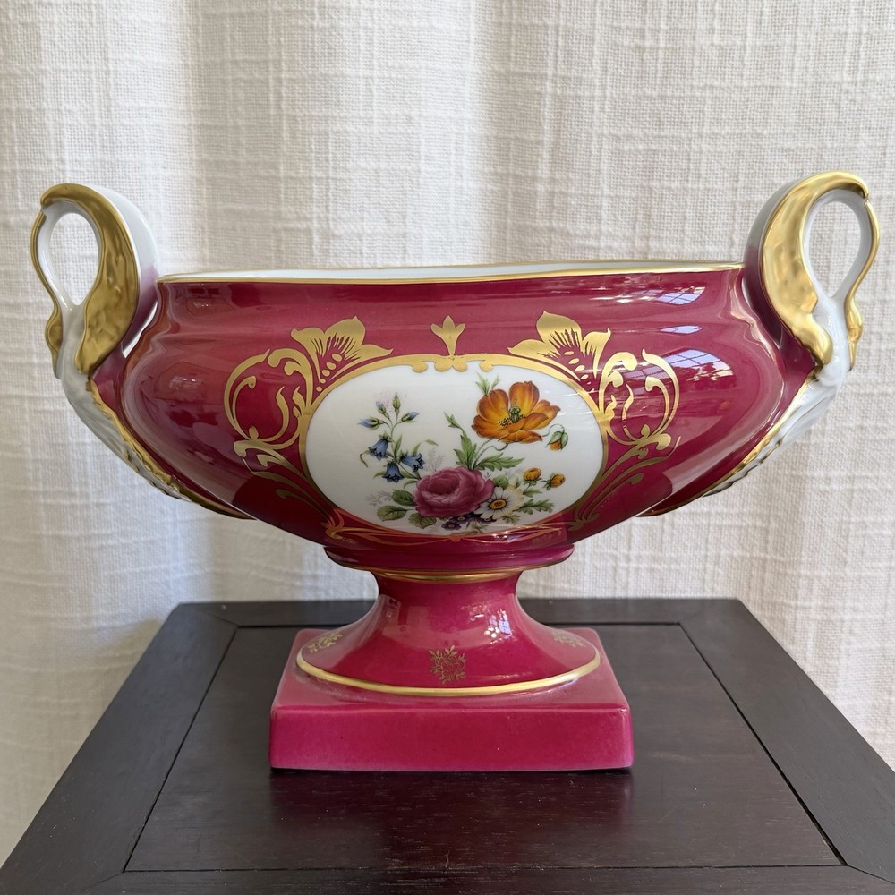 French Limoges Hand Painted Porcelain Pedestal Compote Bowl Red Floral Gilt
