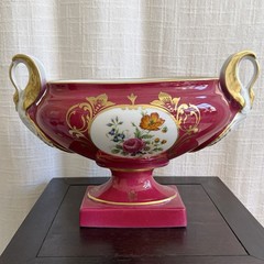 French Limoges Hand Painted Porcelain Pedestal Compote Bowl Red Floral Gilt