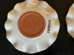 (4pc) Rare Mackenzie Childs Parchment Check Ceramic Fluted Saucers W/ Gold Dots