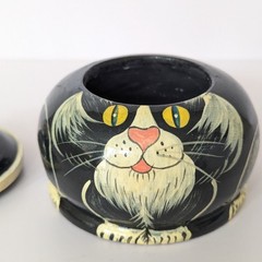 Vintage Hand Painted Wood Black Tuxedo Cat Trinket Box Dish w/Lid Folk Art Haiti