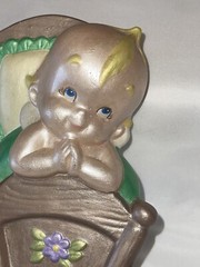 Vintage Ceramic 3D Kewpie Baby Cradle Wall Hanging Figurine Fun