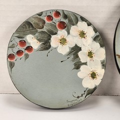 2 VTG Hand Painted Round Wood Lid Dogwood Berries Chickadee Bird Farmhouse Decor