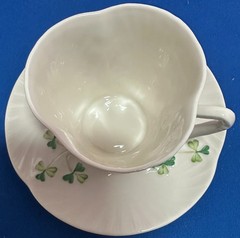 Vintage Belleek Pottery shamrock teacup/saucer set from Ireland – 11th mark