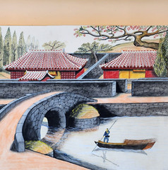 Japanese Watercolor/Gouache, Pagodas & River Bridge Scene, Unframed, Collectable