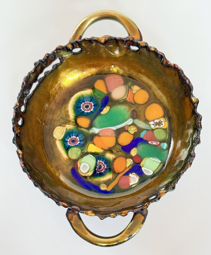 Laurana Italy Enamel On Copper Millefiori Bowl With Handles Mid Century