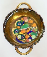 Laurana Italy Enamel On Copper Millefiori Bowl With Handles Mid Century