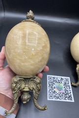 Set Of 2 Alabaster Egg on Three Legged Brass Stand with Elephants HEAVY!!