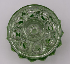 Vintage Green Uranium Glass Diamond Point Footed Dish w Clear Flower Frog Insert