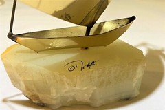 VTG Brass Sailboat Seagull Sculpture DeMott Signed Marble Quartz Base 13″