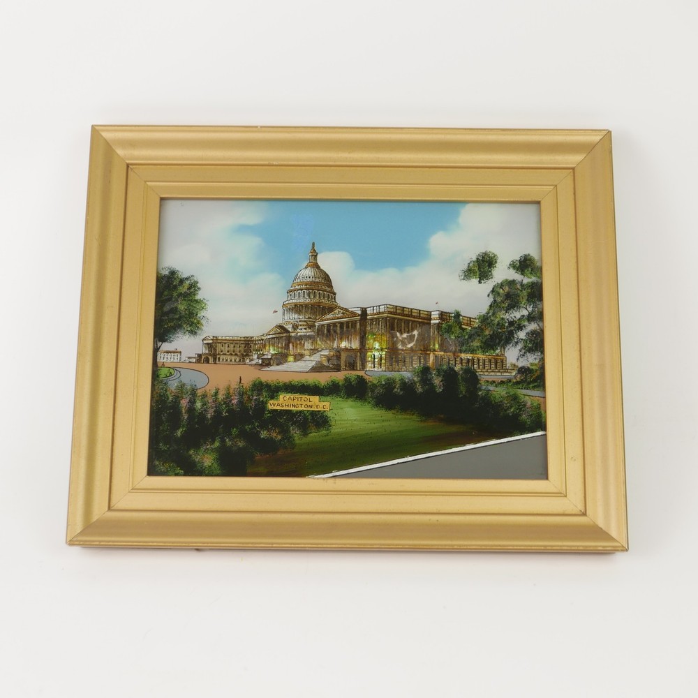 Antique US Capitol Reverse Painting on Glass Mother of Pearl Dunham Specialty NY