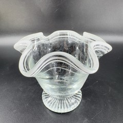 Vintage Glass Dish Bowl Clear White Ruffles Scroll Footed Base Candy Dish VTG