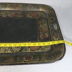 Antique Toleware Pair of Metal Trays Black Hand Painted Floral Stenciled 24″x18″