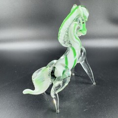 Hand Blown Art Glass Horse Figurine Paperweight Hand Made Glass Green White VTG