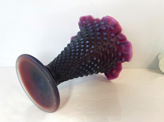 RARE Signed Fenton Deep Plum Satin Finish Hobnail 8″ Trumpet Vase