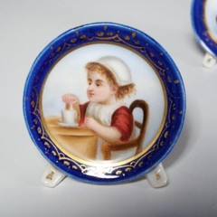 Miniature Portrait Paintings 2 Blue Plate of Children Drinking Tea Eating Cookie