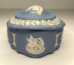 Wedgwood Blue Jasperware Oval Trinket Box Lid Scalloped Cherubs Dogs