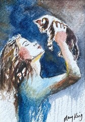 Original Watercolor ACEO Painting by Mary King – Kitten Love – cat, woman