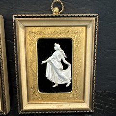 VTG Wedgwood Style Relief Dancers Framed Velvet Brass Set Of 2 5×4
