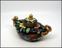 Aladin France Porcelain Art Deco Inkwell Chinoiserie Bird Floral Gilt Hinged Lid