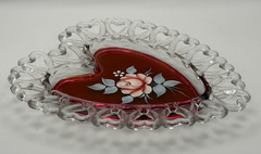 VTG Westmoreland Ruby Red Heart Trinket Dish Signed B. Weiss 1978 Rose Floral 8″