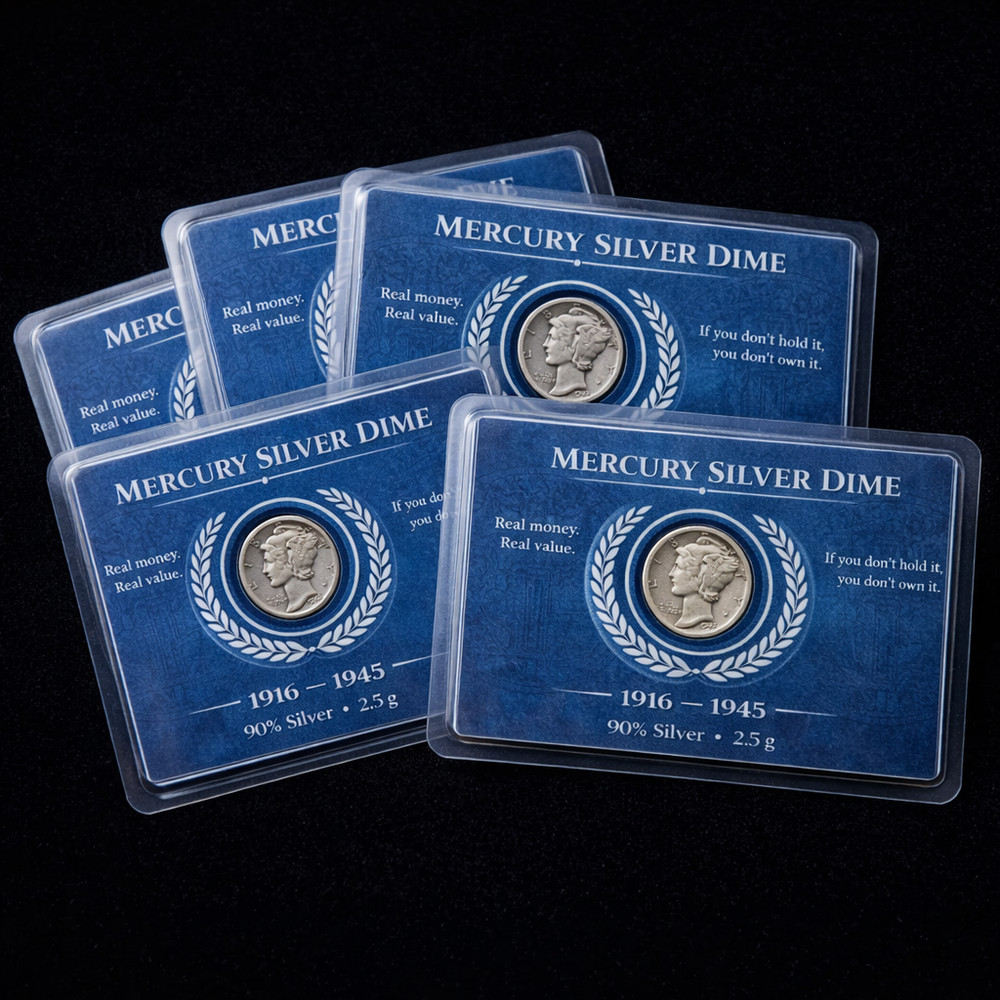 [Lot of 5] Classic Mercury Silver Dimes 90% Silver in Elegant Display Cards