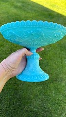 Opaline Blue Milk Glass Portieux Vallerysthal PV Griffin Phoenix Dragon Compote
