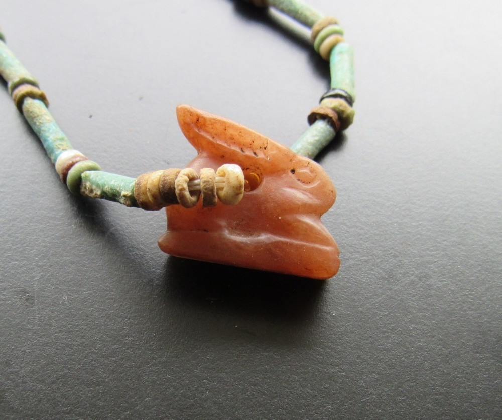 NILE Ancient Egyptian Rabbit Amulet Mummy Bead Necklace ca 600 BC